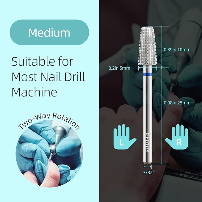 Mini 5 in 1 Nail Drill Bit, 10mm Tapered Drill Bits for Nails, 3/32" Two-way Professional Safety Carbide Nail Bits, Electric Manicure Acrylic Gel Polish Cuticle Clean Removal Tool, Medium