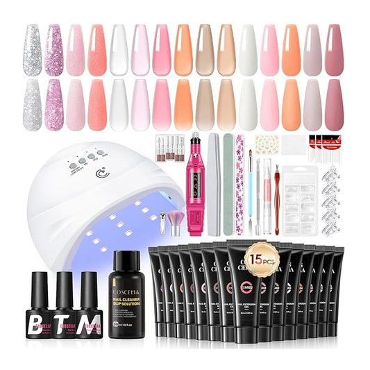 COSCELIA 41pcs Poly Nail Gel Kit Starter Kit with U V Light and Drill, 15 Colors 16ML Nail Extension Gel for Beginners with Everything Fall Colors Professional Nail Lamp DIY Gifts for Women