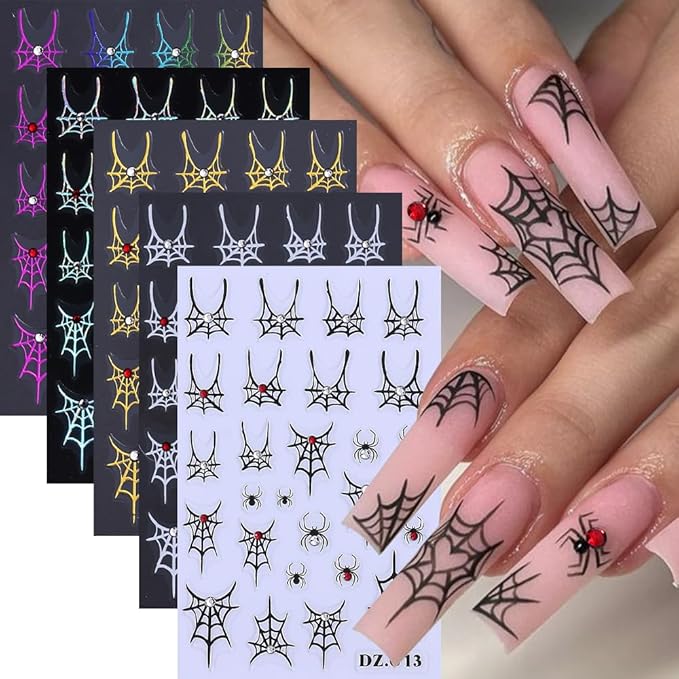 5 Sheets Halloween Nail Stickers for Nail Art, 5D Embossed Diamond Self-Adhesive Colorful Spider Web Nail Decals, Ghost Nail Supplies Design Accessories for Women and Girls Manicure DIY Decoration