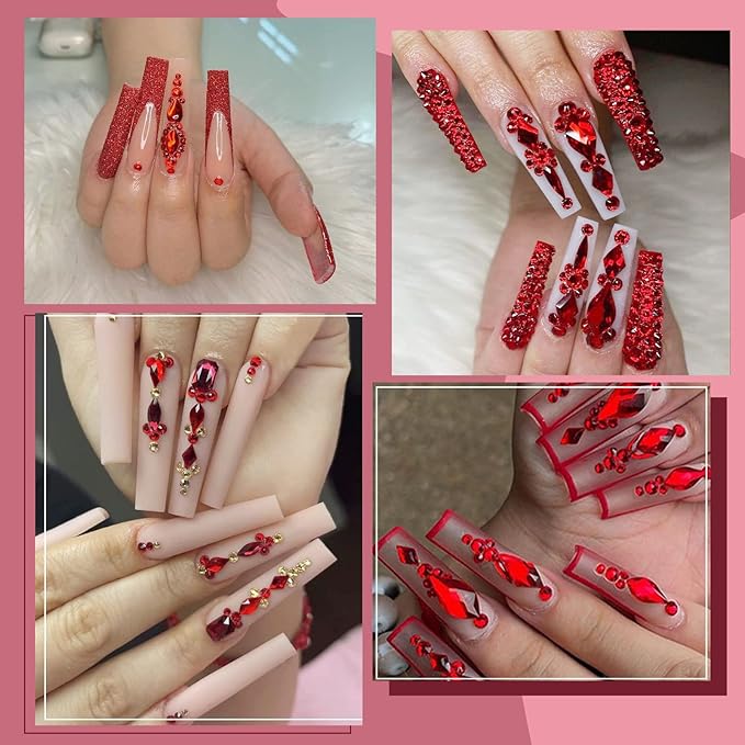Canvalite 2518Pcs Nail Rhinestones Gems, 12 Styles 3D Glass Red Crystals Charms Shiny Multi Shape Flatback Rhinestones with Gems Picker and Tweezers for DIY Nail Art