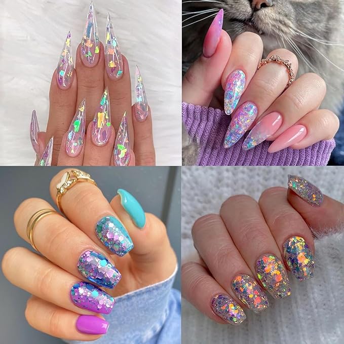 12 Grids Colorful Mermaid Nail Sequin Holographic Nail Art Glitter,Iridescent Nail Art Flake Glitter Decals Glass Paper Design Nail Accessories Acrylic Nails for Women Make Up DIY Nail Decoration