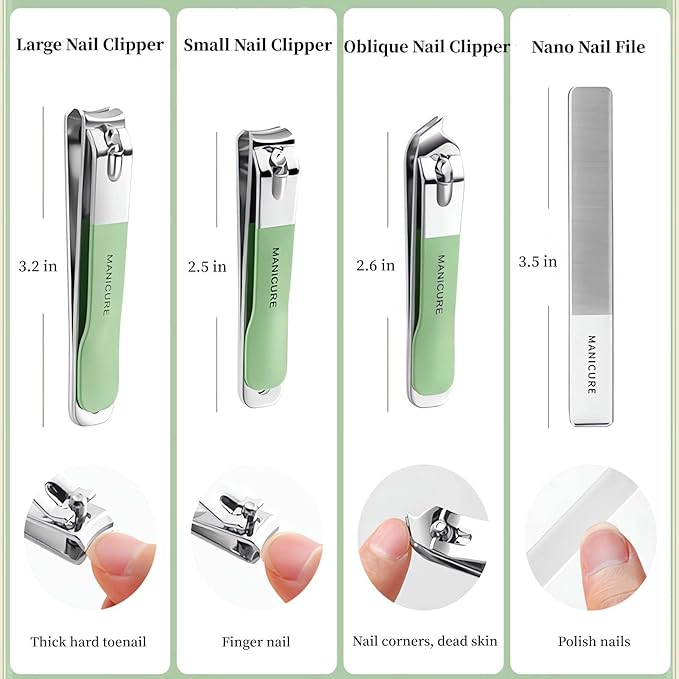 4 Pcs Manicure Set Stainless Steel Nail Clippers, Beauty Tool Portable Set Professional Grooming Kits, Travel Nail Kit for Men and Women (Green)