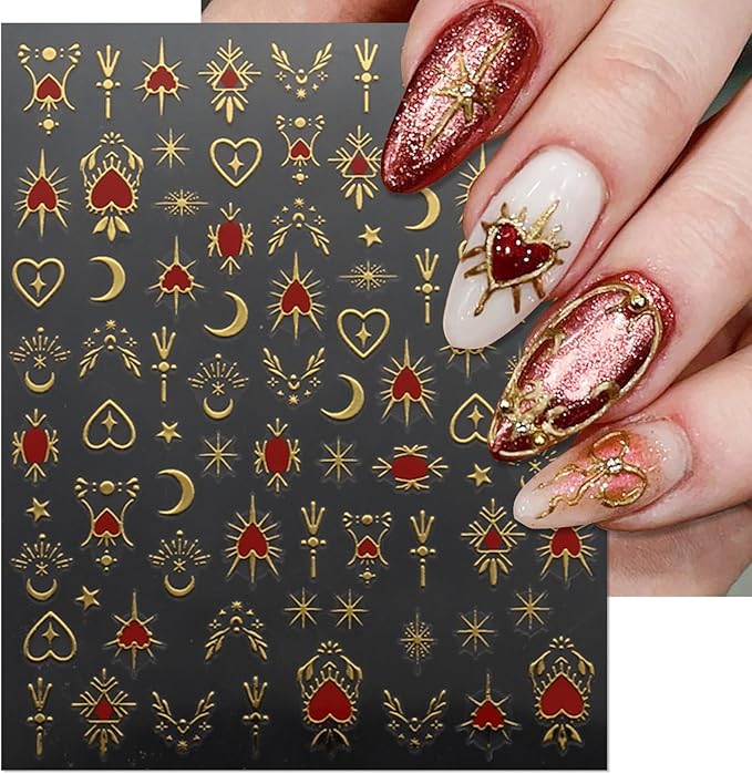 9 Sheets Gold Heart Nail Art Stickers - Valentines Day Self-Adhesive 3D Nail Decals for DIY Golden Silvery Manicure