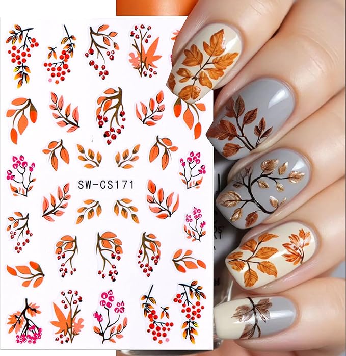4pcs Fall Nail Stickers for Nail Art, 3D Autumn Fox Leaves Flowers Nail Decals Thanksgiving Leaf Pattern 3D Self-Adhesive Nails Sliders Fall Sticker for Nails Decoration DIY Manicure Accessories