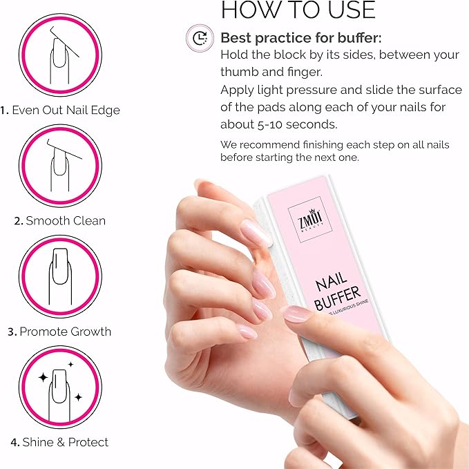 Pro Nail Buffer Block – 2 Pack Luxurious Shine Korean 4-Way Nail Buffing Block Pink – Natural Shine Nails – Manicure/Pedicure Tools for Home and Salon