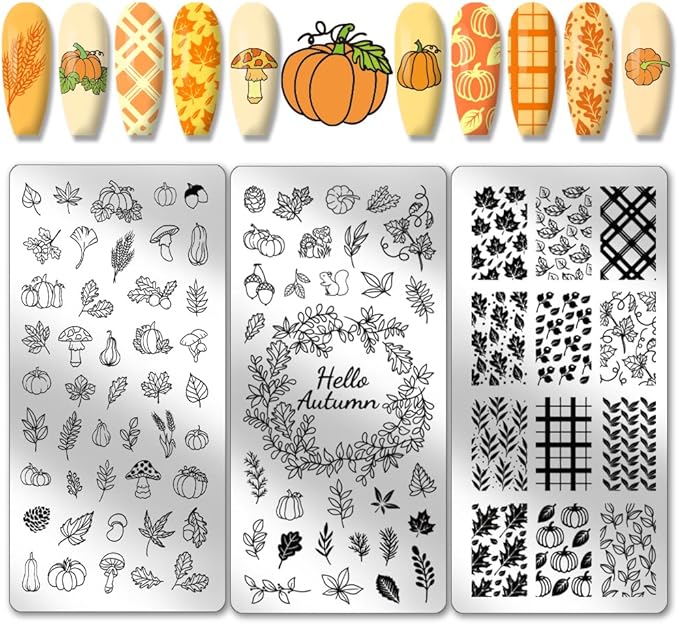PH PandaHall 3PCS Fall Theme Nail Stamping Plate 88 Patterns Stainless Steel Nail Template Leaves Pumpkins Plaid Autumn Blessing Nails Art Plate for Thanksgiving Nails Art Design 4.7x2.4 inches