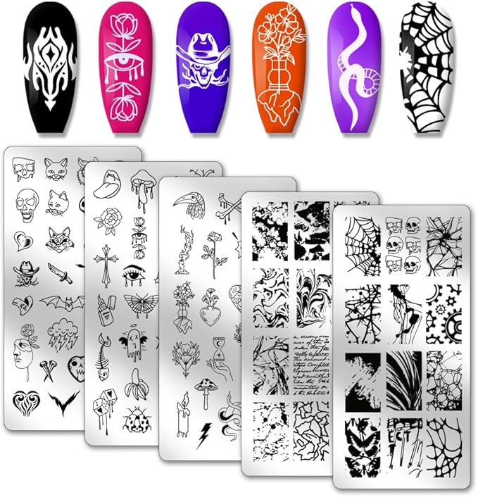 PH PandaHall 5pcs Punk Style Nail Stamper, Skull Spider Nail Stamping Plate Nail Art Stencils Print Nail Stencils Stainless Steel Nail Image Plates for Christmas Nail Art Design Print Manicure Salon