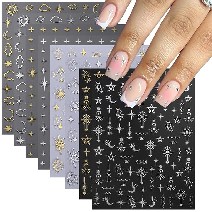 Star Nail Stickers - 8Sheets Metallic Star Nail Art Stickers 3D Star Moon Sun Nail Decals for Nail Art Supplies Sun Stars Moon Starlight Glitter Gold Silver Design French Manicure Decoration for Women