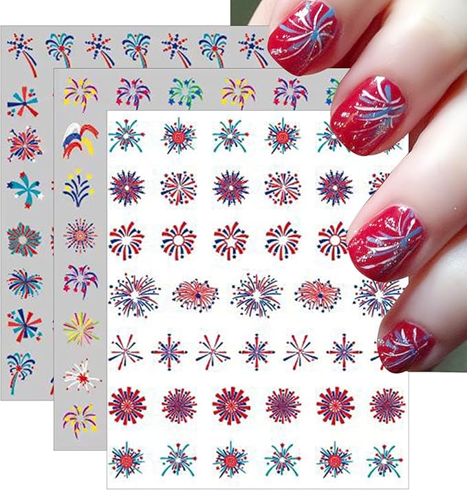 3Sheets Independence Day Colorful Firework Nail Art Stickers 4th of July Embossed Nail Art Decals Design,Holographic Patriotic Starry Sky Sparkling Fireworks for Women Memorial Day Manicure Decoration