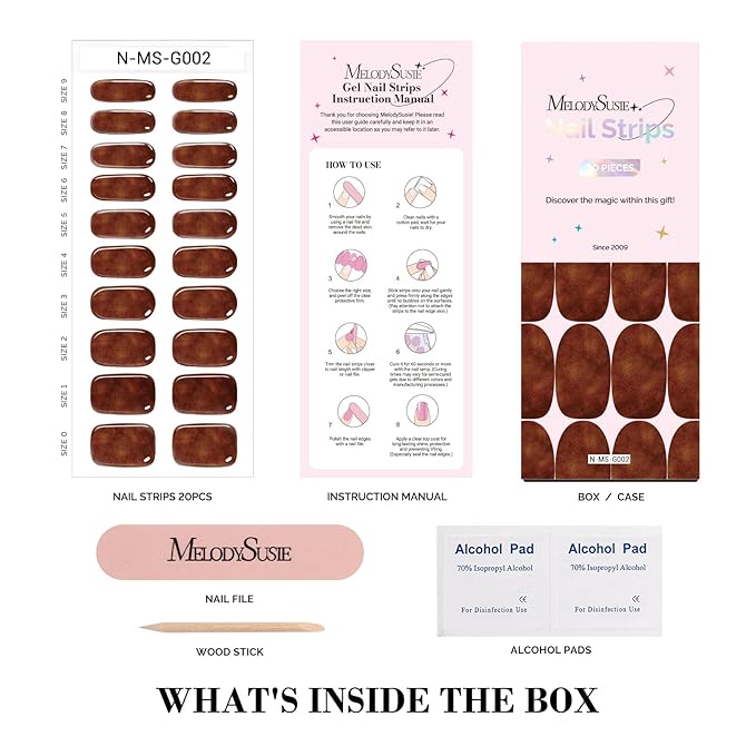 MelodySusie Semi Cured Gel Nail Strips (Brown Shading), Works with Nail lamp, Salon Quality, Long Lasting, Easy to Apply and Remove, Includes 20Pcs, 2 Prep Pads, Nail File and Wooden Stick