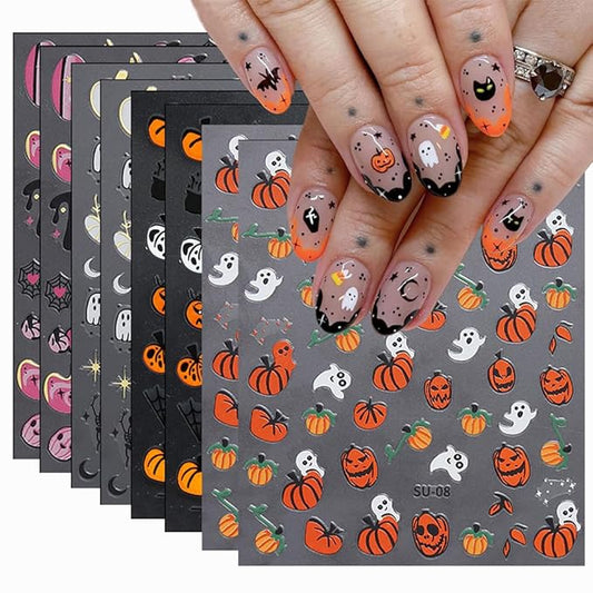 8Sheets Halloween Nail Art Stickers Cute Ghost Pumpkin 3D Self-Adhesive Nail Decals Spider Web Blood Flame Designs Nail Decorations Fall Thanksgiving Nail Supplies for Women DIY Manicure Art
