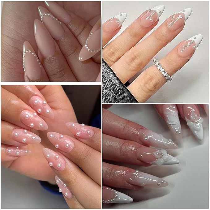 Nail Art Pearls with Rhinestones Glue Gel Flatback Pearls Nail Charms Luxurious Nails Supplies Accessories Silver Gold Gems Pearl Colorful Pearl for Women Nails Design