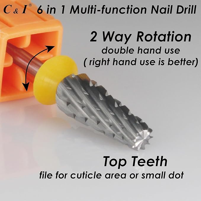 C & I Nail Drill Bit 6 in 1 Multi-function Rounded End E File, Tungsten Steel CNC Overall Cutting, Manicure Tool for Nail Tech Quick Remove Nail Gels, Acrylic Nails (Original, Double Coarse -XXC)