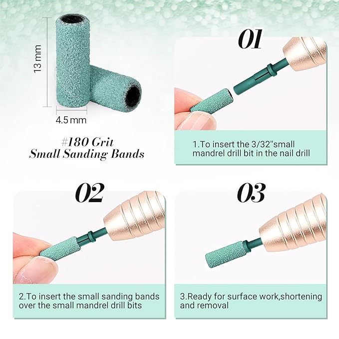 MelodySusie 50 Pcs Nail Drill Bits Small Sanding Bands with 3.1mm Mandrel Bit, 180 Fine Grit Nail File for Acrylic Nails Gel Manicures and Pedicure, Dark Green