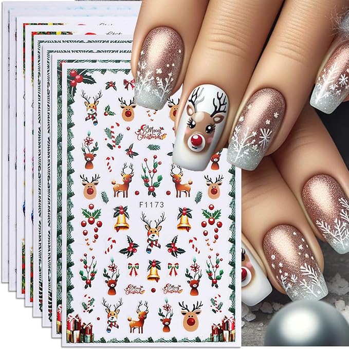 Christmas Nail Art Stickers Decals 3D Self-Adhesive Christmas Nail Stickers Nail Art Supplies 8PCS Elk Holly Santa Claus Green Leaf Snowy Tree Xmas Manicure Sliders for Winter Holiday Nail Decorations