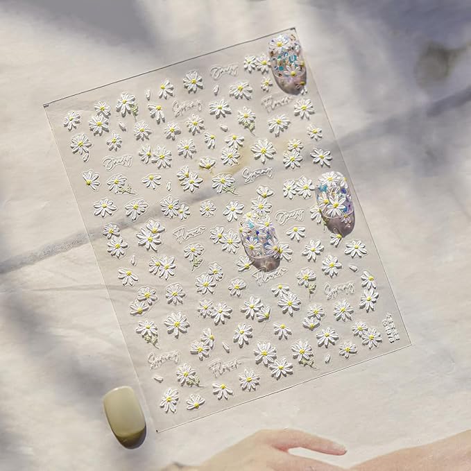 White Daisy Nail Stickers 5D Embossed Flower Nail Art Stickers Cute Daisy Nail Decals Self Adhesive Floral Nail Supplies Spring Summer Flowers Sticker for Women Manicure Sliders Decoration Kits