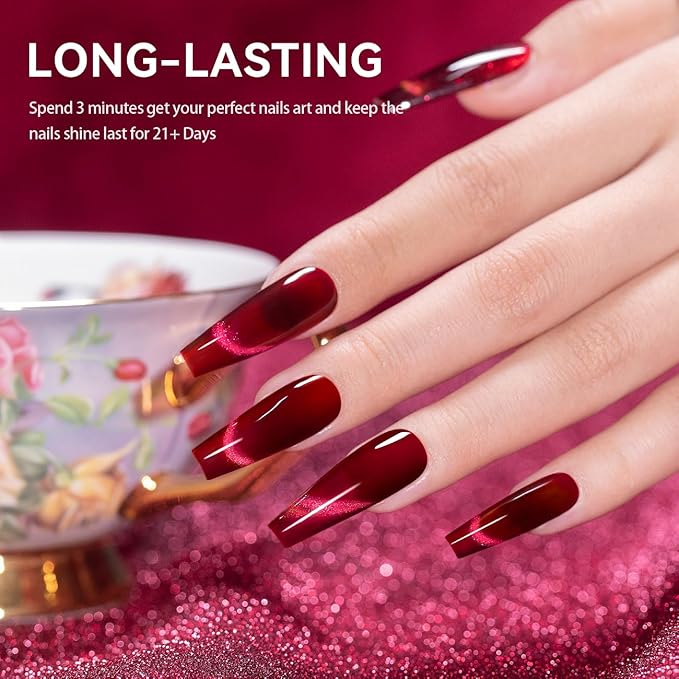 RARJSM Red Cat Eye Gel Nail Polish Diamond Dark Red Velvet Cateye Gel Polish 15ml Single Bottle with Magnet Stick Reflective Shimmer UV LED Curing Requires Soak Off for Home Salon Christmas Manicure