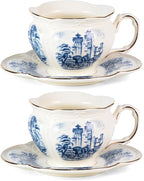 KAMMAK Tea Cups and Saucers Set of 2, 8 oz Porcelain Coffee Cups, SY001 | by KAMMAK