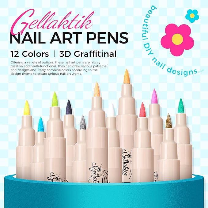 12 Colors Nail Art Pens Set, 3D Nail Polish Pens 0.7mm, Quick-Drying&Waterproof Acrylic Paint Markers, Dotting Liner for DIY Nail Design, Home & Salon Manicure Tools, Ideal for Christmas, Halloween