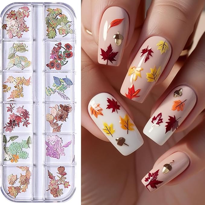1Box Colorful Leaves Nail Art Flakes 3D Autumn Maple Leaf Wood Chip Slices Designs Nail Sequins Thanksgiving Glitter Nail Flakes Cute Leaf Maple Leaves Nail Sequin for Women DIY Manicure Crafts Decor