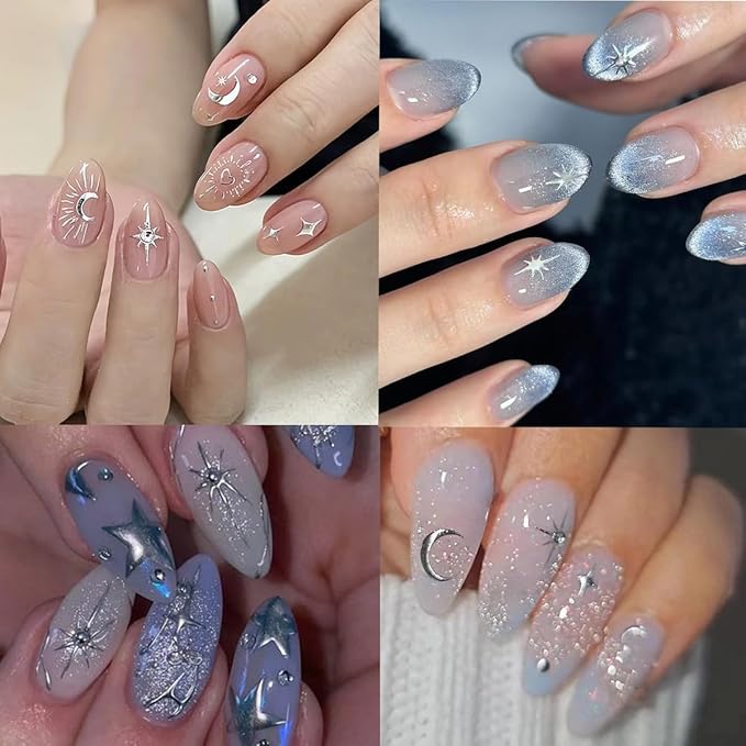30 Sheets Star Moon Nail Stickers Cute Little Cat Nail Art Stickers 3D Silver Heart Nail Decals Self-Adhesive Retro Nail Supplies Line Flower Leaf Nail Art Design Manicure for Women DIY Acrylic Nails