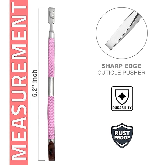 Cuticle Pusher Tool - Dual Sided Sharp Edge Spoon Shaped Double Ended Cuticle Pusher Remover Cuticle Cleaner Stainless Steel Manicure Pedicure Nail Art Care Tools Set 1 Pc By Krisp Beauty (Pink)