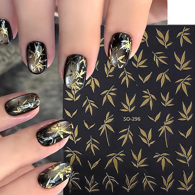 5 Sheets Bamboo Nail Art Stickers 3D Self -Adhesive Colorful Bamboo Nail Decals Holographic Gold Silver Blue Green Orange Nail Sticker Unique Chinese Style Nail Decoration for Women Manicure Supplies