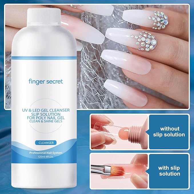 Slip Solution for Poly Nail Gel and Nail Polish Gel Remover Kit Cleans and Removes Easily, Makes Nails Shiny and Smooth.Includes Glass Cup and 50 Cotton Pads