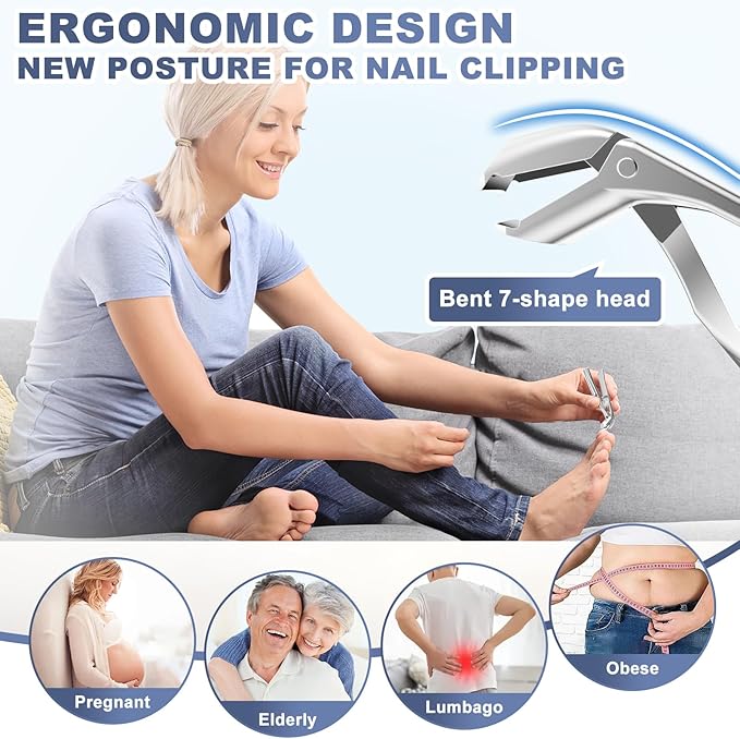 Toenail Clippers for Seniors Thick Nails - Angled Head Nail Clippers with Catcher, Mess Free Wide Jaw Sharp Blade Toe Nail Clippers