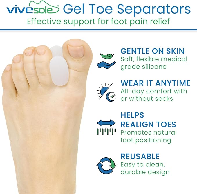 VIVEsole Toe Spreaders for Feet (8 Pack) - Silicone Spacers for Women & Men - Gel Separators for Bunions, Overlapping Toes, Pain Relief - Orthotic Dividers for Athletes, Alignment & Corrector