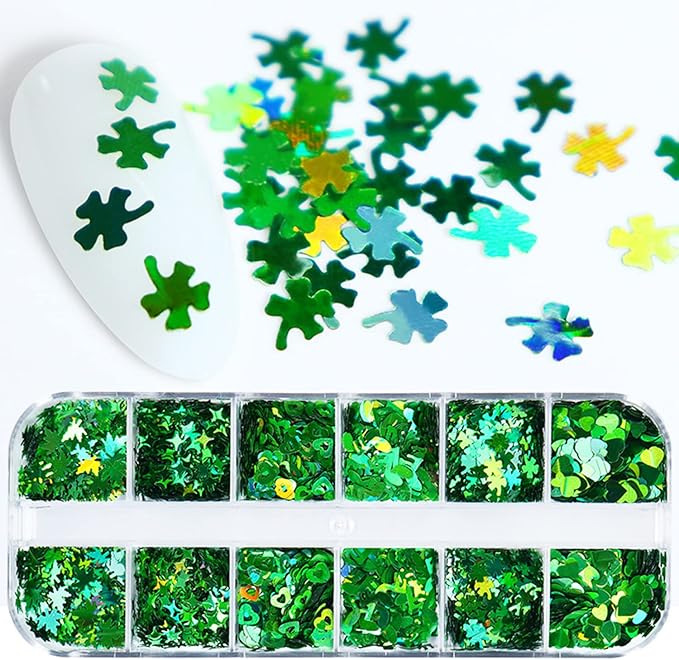 Laser Green Glitter Nail Art Sequins, Holographic 3D Sparkly Flakes Decoration, Love Heart Stars Shamrocks Music Leaf Nail Art Design Supplies for Women Girls Manicure Charms Decorations DIY Crafts