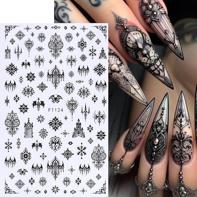 7 Sheets Black Gothic Nail Stickers for Nail Art, 3D Self-Adhesive Witchy Halloween Nail Decals, Nail Supplies Nail Art Designs Accessories for Women and Girls Manicure DIY Decoration