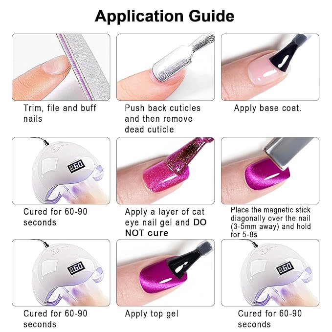 RARJSM Cat Eye Gel Polish Fuchsia Purple Pink 15ml 9D Cateye Silver Glitter Galaxy Universal Velvet Effect Ice Gel Nail Polish with Magnetic Stick UV LED Curing Require Soak Off DIY Home Salon