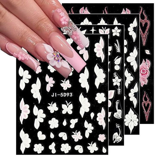 JMEOWIO 6 Sheets 3D Embossed Flower Butterfly Nail Art Stickers Decals Self-Adhesive Pegatinas Uñas 5D White Spring Floral Nail Supplies Nail Art Design Decoration Accessories
