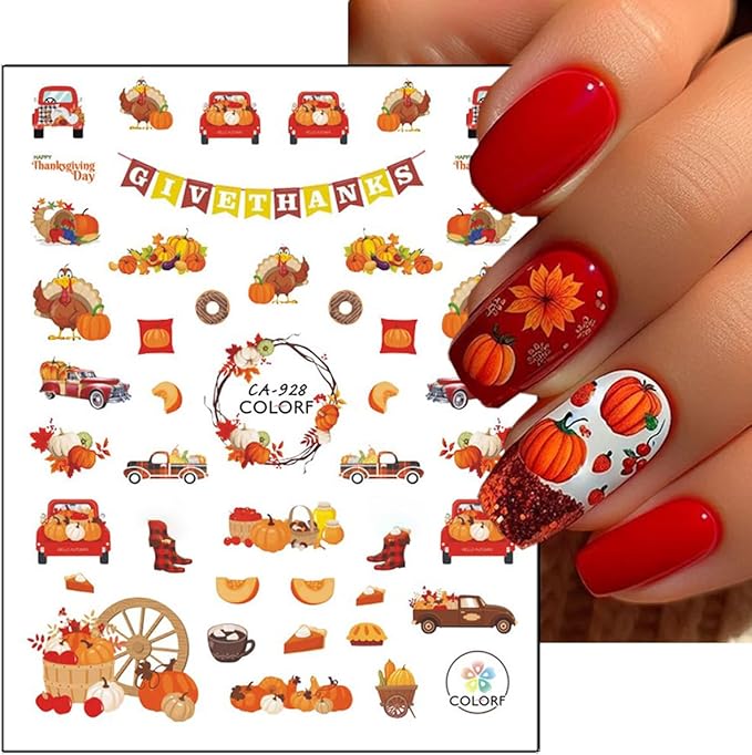 6Sheets Fall Nail Stickers 3D Cute Turkey Pumpkin Nail Decals Self Adhesive Thanksgiving Nail Art Stickers Autumn Maple Leaf Nail Decoration Accessories Squirrel Manicure Supplies for Women DIY