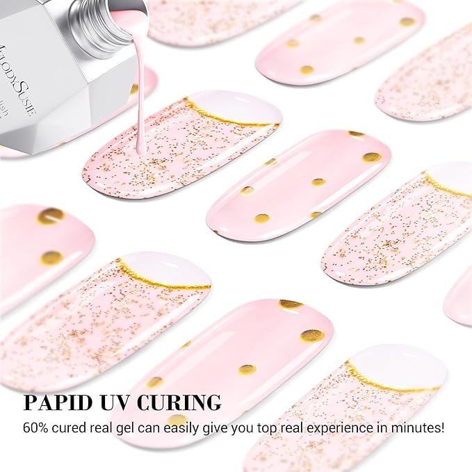 MelodySusie Semi Cured Gel Nail Strips, 20 PCS Gel Nail Stickers, UV Light Required, Durable & Salon Quality (Crystal Pink)