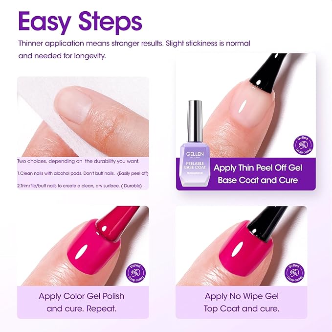 GELLEN Peel Off Base Coat, 18ml Peelable Gel Base Coat for Gel Nail Polish, UV LED Lamp Needed Clear Nail Polish without Soaking for Take off Nail Practice Beginners