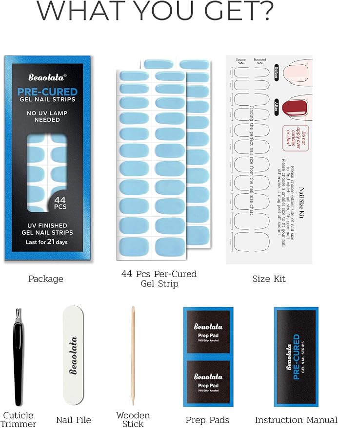 Pre Cured Gel Nail Strips - 44PCS Salon Quality Gel Nail Stickers - Long Lasting Polish Wraps for Women no UV Light Needed Easy Apply& Remove (Icy Blue)