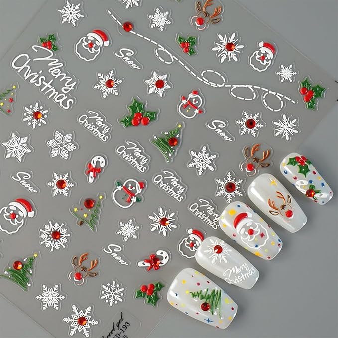 5D Christmas Nail Art Stickers Embossed Snowflakes Nail Stickers Christmas Tree Santa Claus Elk Winter Holiday Nail Design Xmas Nail Decals Nail Art Supplies for Christmas Nails DIY Manicure