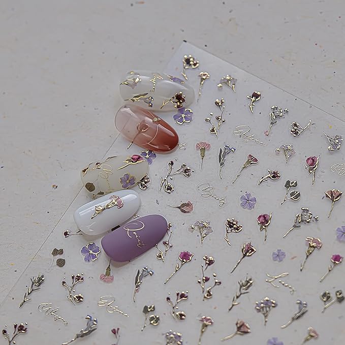 1 Sheet of Hot Stamping Flower Nail Decals, Colorful Dried Flower Nail Stickers, 5D Self-Adhesive Nail Design Stickers, Suitable for Women DIY Spring Summer Floral Nails Decoration Supplies