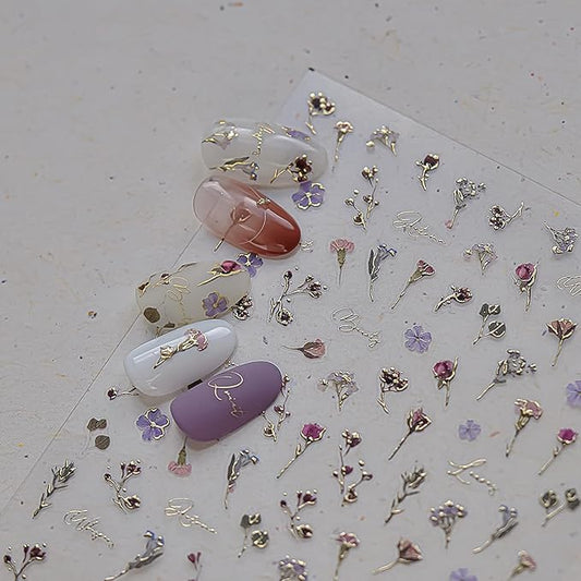 1 Sheet of Hot Stamping Flower Nail Decals, Colorful Dried Flower Nail Stickers, 5D Self-Adhesive Nail Design Stickers, Suitable for Women DIY Spring Summer Floral Nails Decoration Supplies