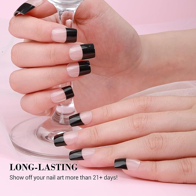 MelodySusie Semi Cured Gel Nail Strips (Black French Tips), 20 PCS Classic Nail Stickers, UV Light Required, Durable and Salon Quality