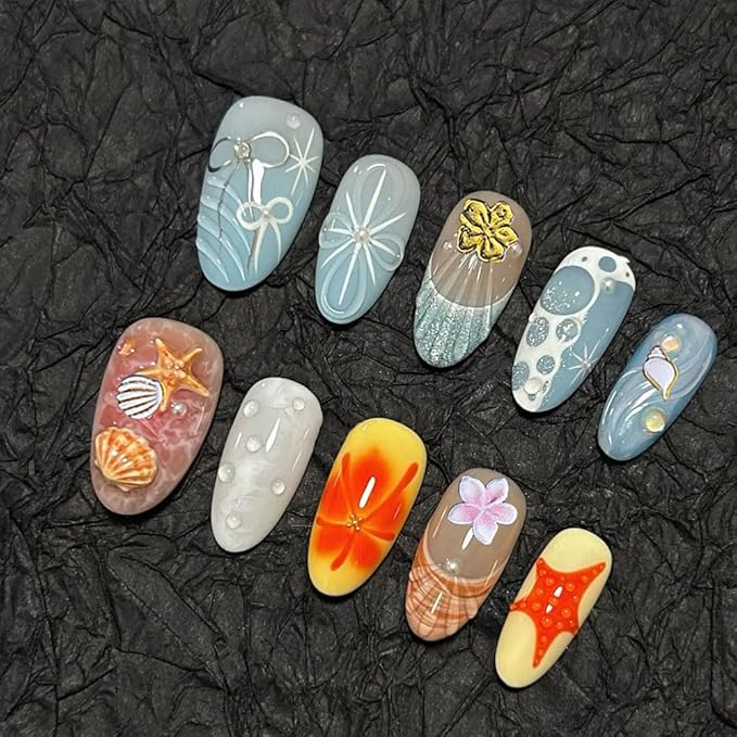 5D Embossed Beach Nail Art Stickers, 4 Pack, White Gold Shell Starfish Design, Self-Adhesive Ocean Theme Decals for Summer Manicure Decoration