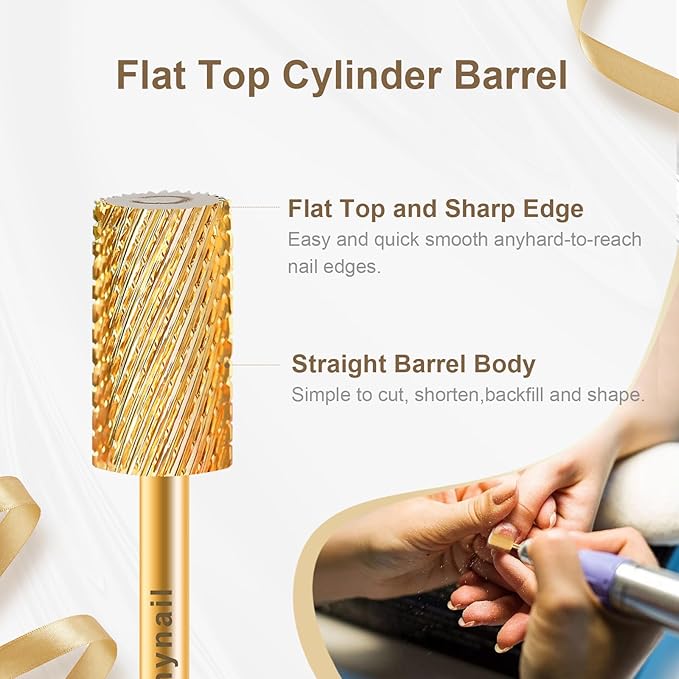 3/32" Large Barrel Flat Top Tungsten Carbide Nail Drill Bit Safety Bit for Gel & Acrylic Removal, 2-Way Rotating Efile Tip, Salon Electric File Accessory (C Grit, Gold)