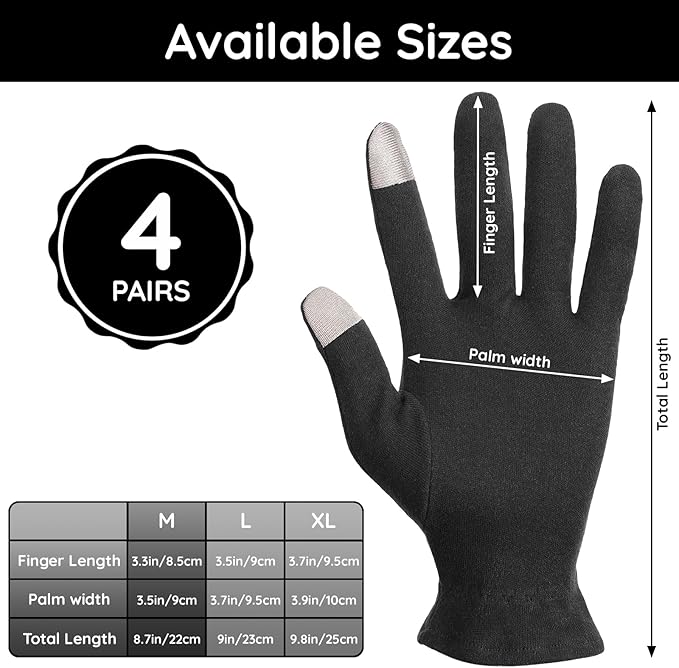 Segbeauty 8 Counts Black Cotton Gloves Touchscreen for Women and Men, 4 Pairs Hand Moisturizer Gloves with Elastic Band, Soft Sleeping Glove for Dry Hands Overnight, Spa Lotion Cotton Glove Liners