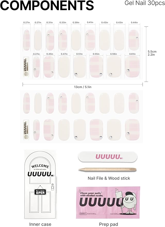 UUUUUU Semi Cured Gel Nail Strips | Salon-Quality | UV Free Gel Nail Wraps for Women | Easy Peel&Stick | Long-Lasting up to 14 Days | 28 Strips Set+File & Wipes | Gift-Ready (UGN054 Chiffon Check)