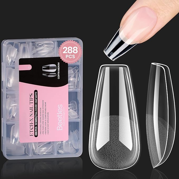Beetles Gel Nail Tips Medium Coffin Etch X, 12 Sizes 288Pcs Pre Shaped Half Matte Full Cover Press On False Nails for Pastel Acrylic Fake Nail Extensions Kit Salon Manicure Gift for Women
