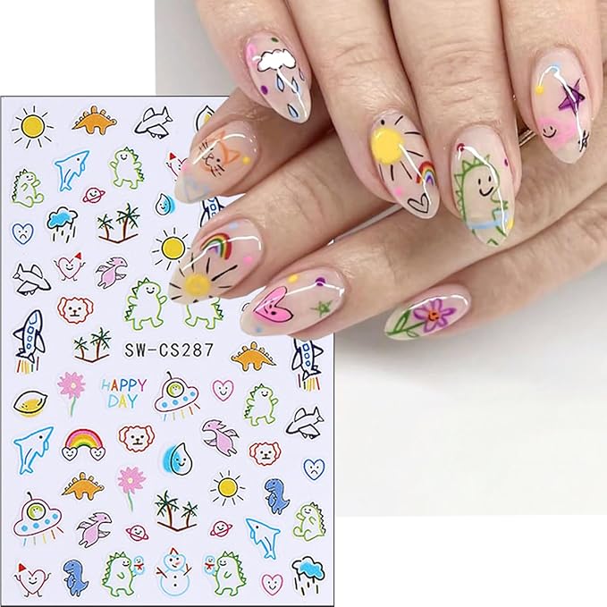 6Pcs Cute Dinosaur Nail Art Stickers 3D Self Adhesive Kawaii Nail Decals Cute Nail Stickers Colorful Animal Aircraft Summer Nail Design Sticker Heart Nail Art Supplies for Women Manicure Accessories