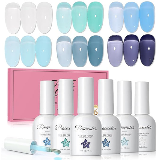 PEACECOLOR Blue Jelly Gel Polish Set, 10ML Transparent Clear Light Blue Collection 6 Colors Jelly Gel Nail Polish Kit for Beginners All Season Home Salon DIY Nail Art Design Gifts for Women