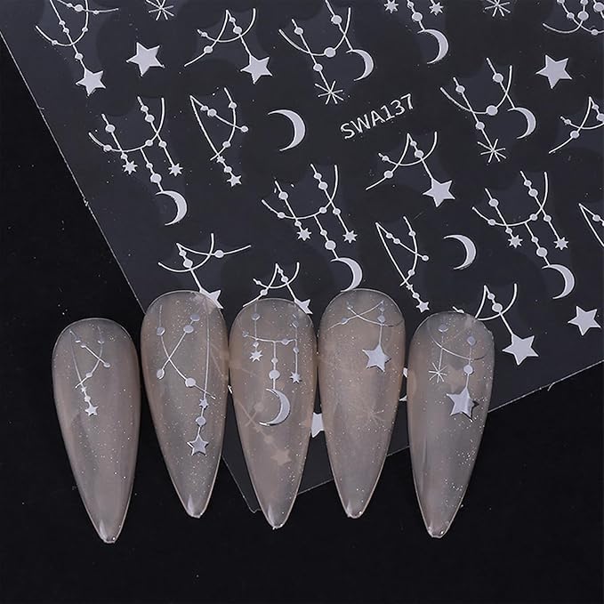 Star Nail Stickers for Nail Art 3D Self-Adhesive Moon Nail Decals Black Silver Star Nail Art Stickers for Women 6 Sheets